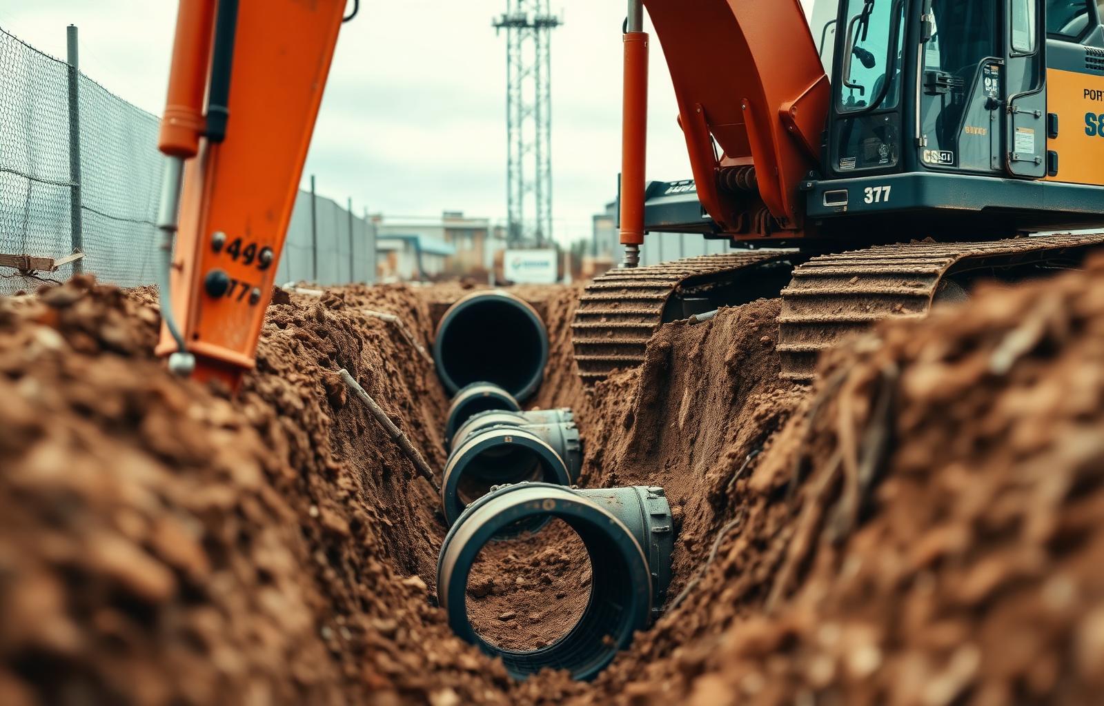 Underground plumbing trench with sewer pipes at GTA construction site